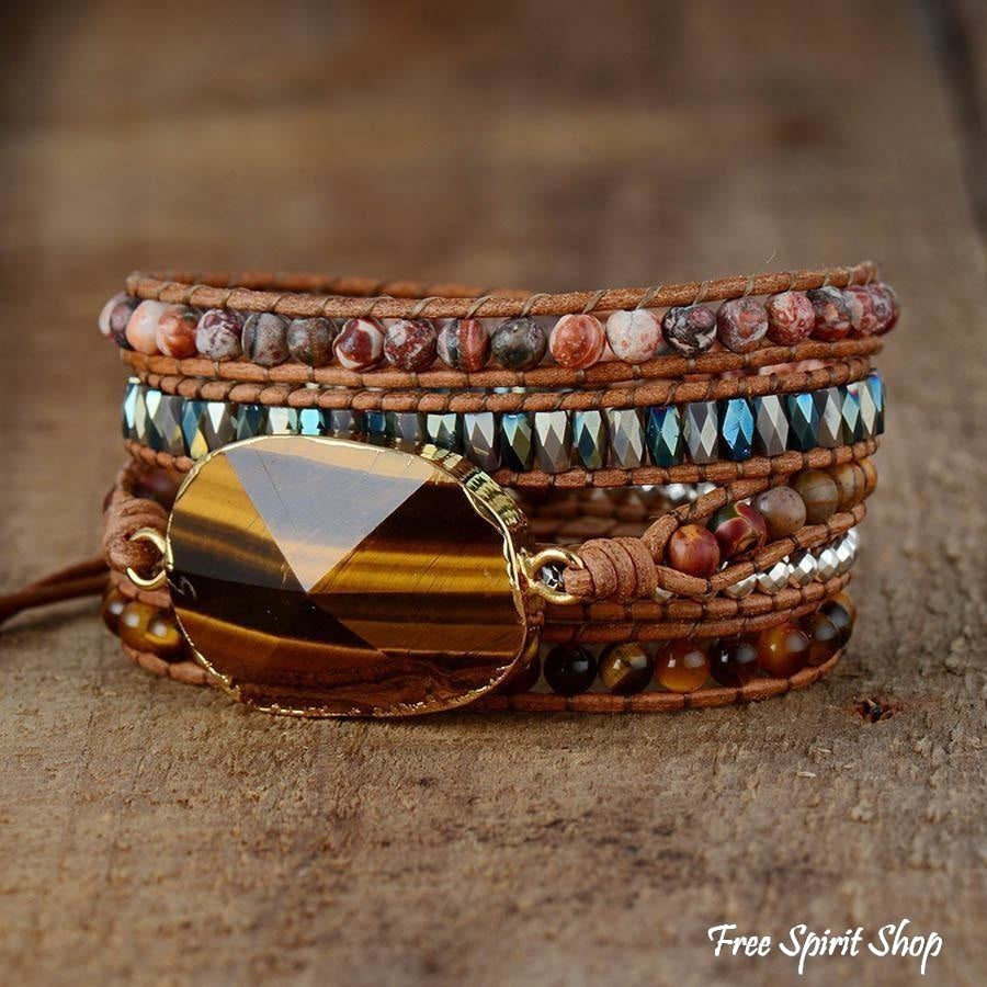 Natural Tiger Eye & Jasper Beaded Wrap Bracelet - Free Spirit Shop