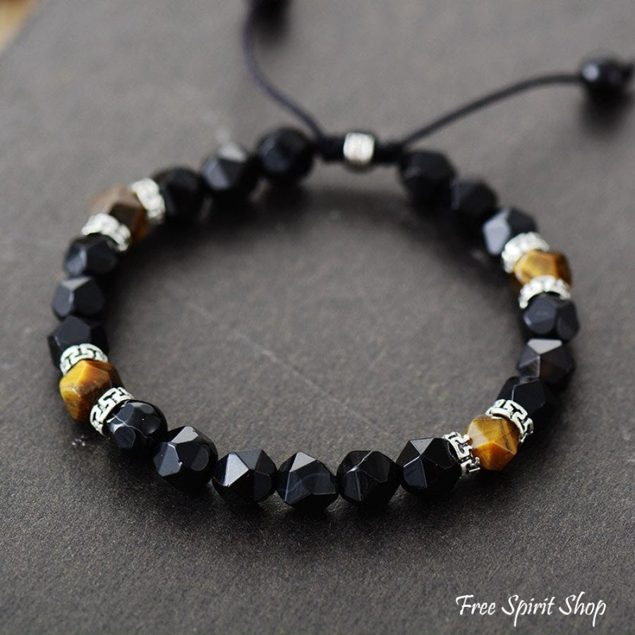 Natural Tiger Eye & Matte Black Onyx Faceted Bead Bracelet - Free Spirit Shop