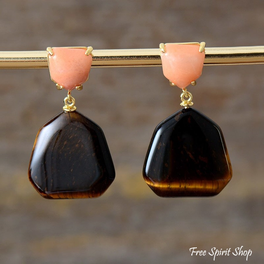 Natural Tiger Eye & Peach Stone Earrings - Free Spirit Shop