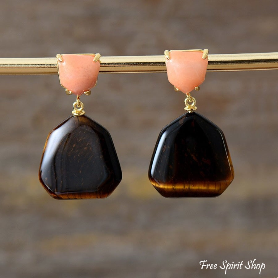 Natural Tiger Eye & Peach Stone Earrings - Free Spirit Shop