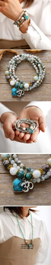 Natural Tree Agate & Ohm Charm Bead Bracelet / Necklace - Free Spirit Shop