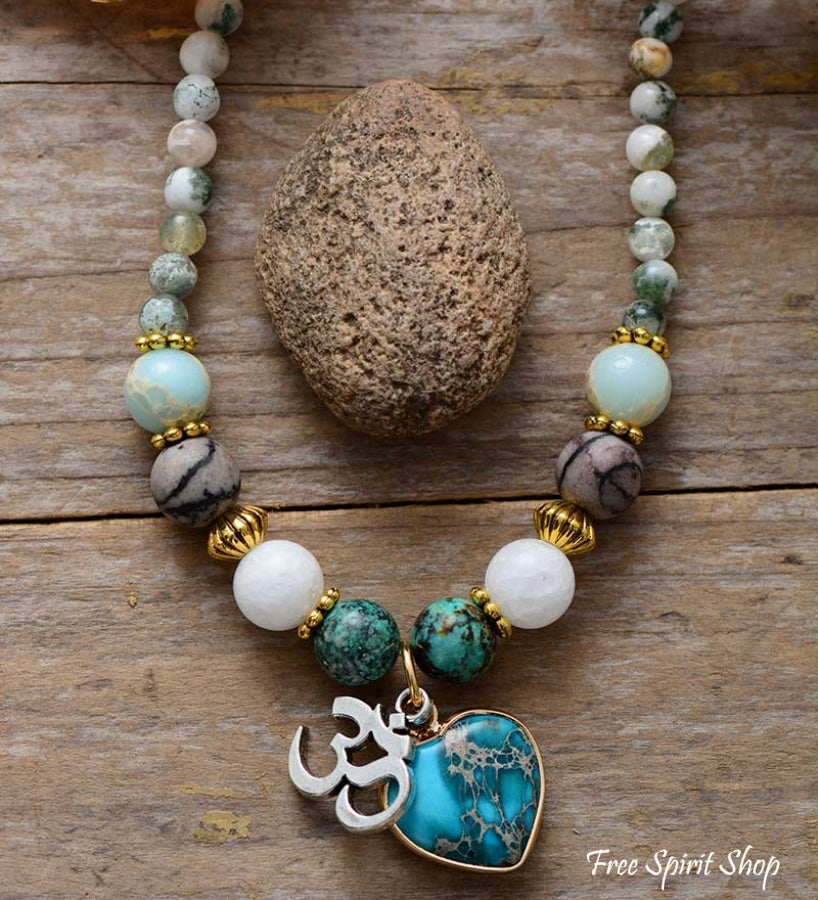 Natural Tree Agate & Ohm Charm Bead Bracelet / Necklace - Free Spirit Shop