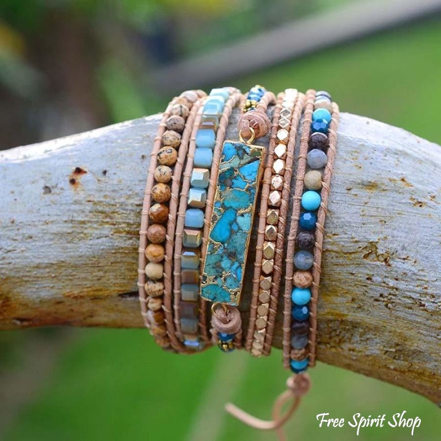 Natural Turquoise & Jasper Beaded Wrap Bracelet - Free Spirit Shop