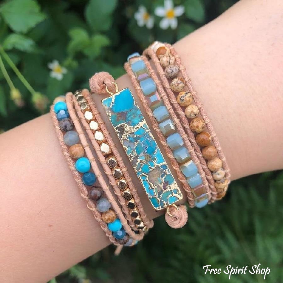 Natural Turquoise & Jasper Beaded Wrap Bracelet - Free Spirit Shop