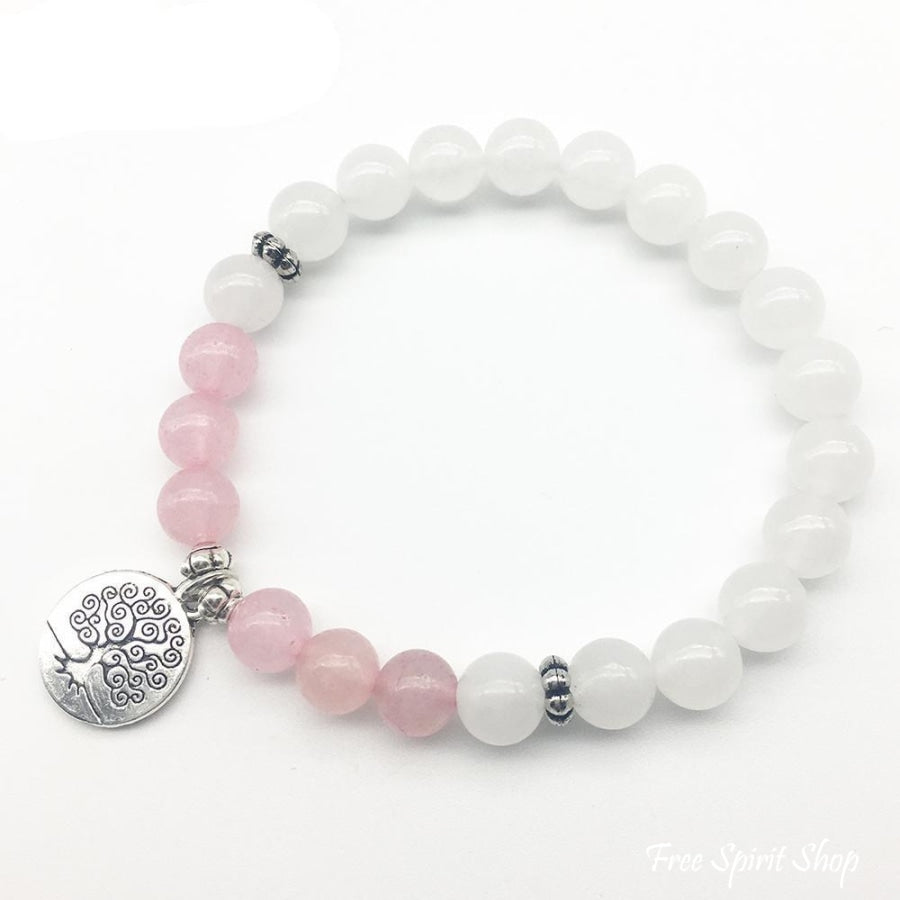 Natural White Jade & Rose Quartz Bead Mala Bracelet - Free Spirit Shop