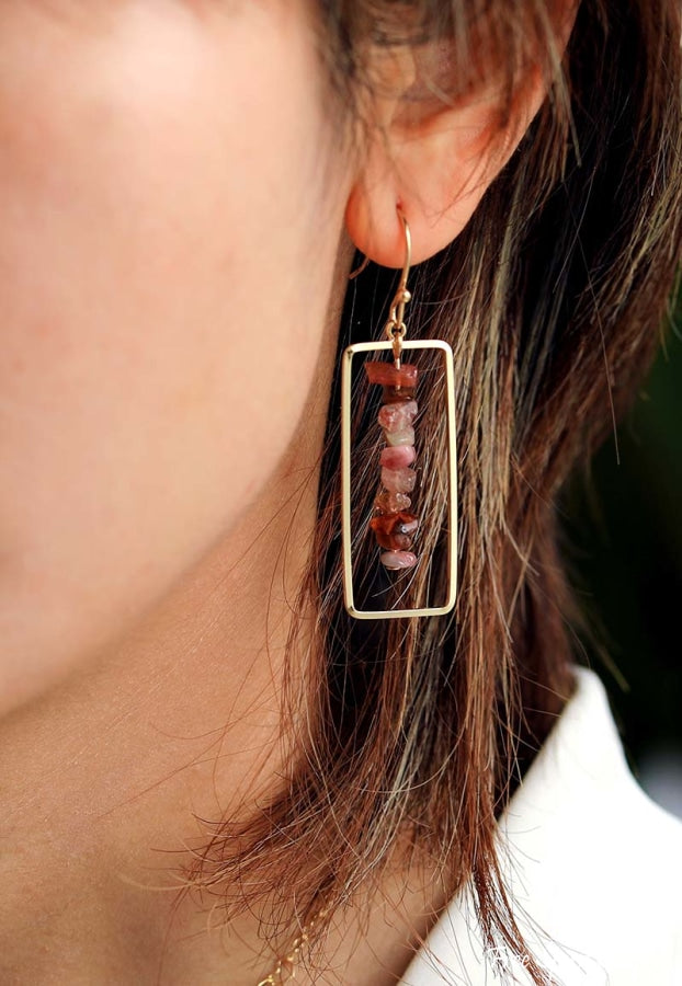 Pink Tourmaline Crystal Rectangle Drop Earrings - Free Spirit Shop