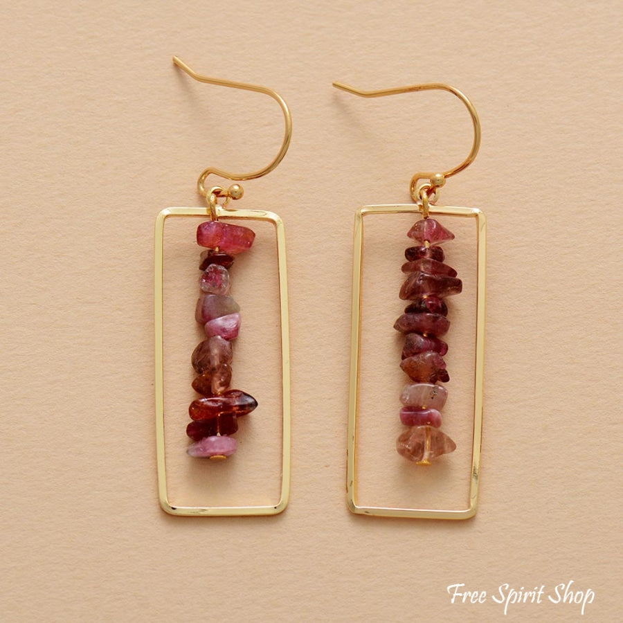 Pink Tourmaline Crystal Rectangle Drop Earrings - Free Spirit Shop