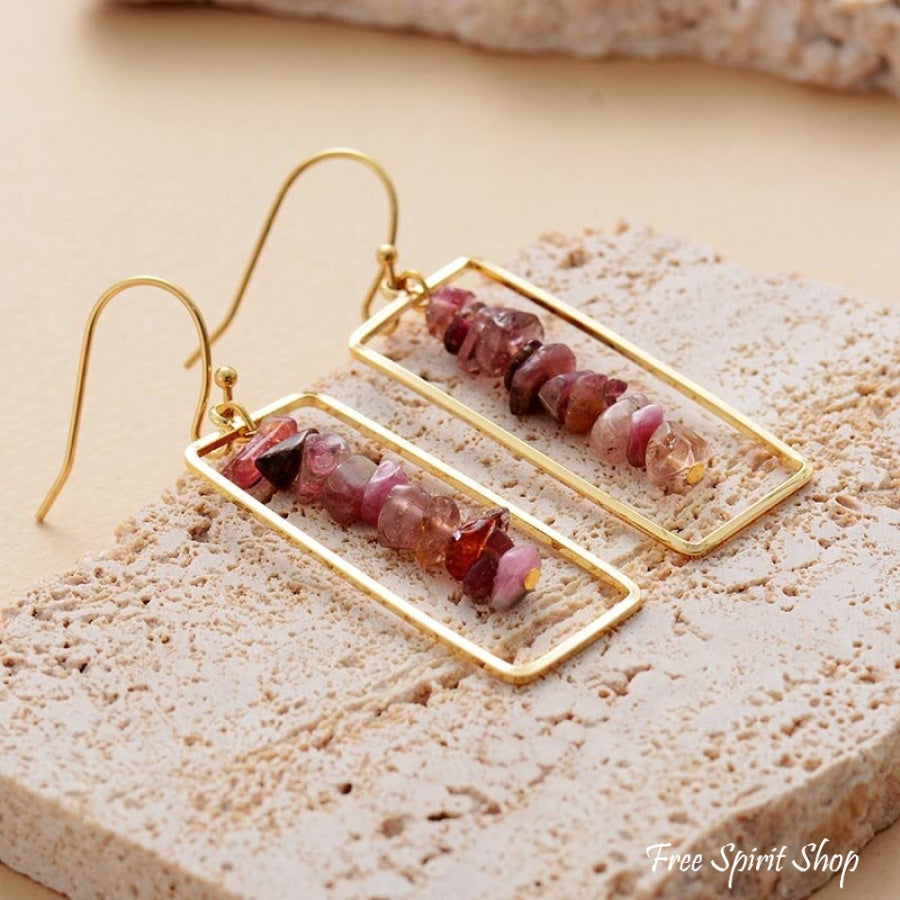 Pink Tourmaline Crystal Rectangle Drop Earrings - Free Spirit Shop