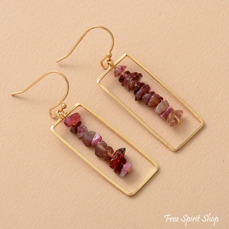 Pink Tourmaline Crystal Rectangle Drop Earrings - Free Spirit Shop