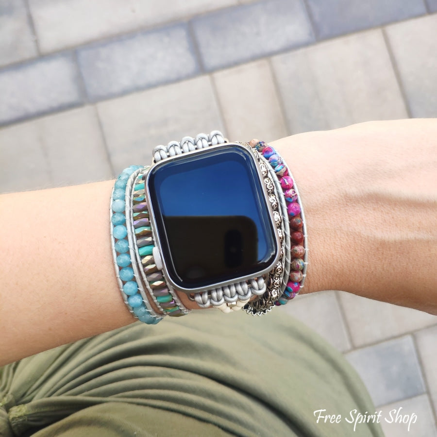 Purple Jasper & Aqua Blue Beaded Apple Watch Band - Free Spirit Shop