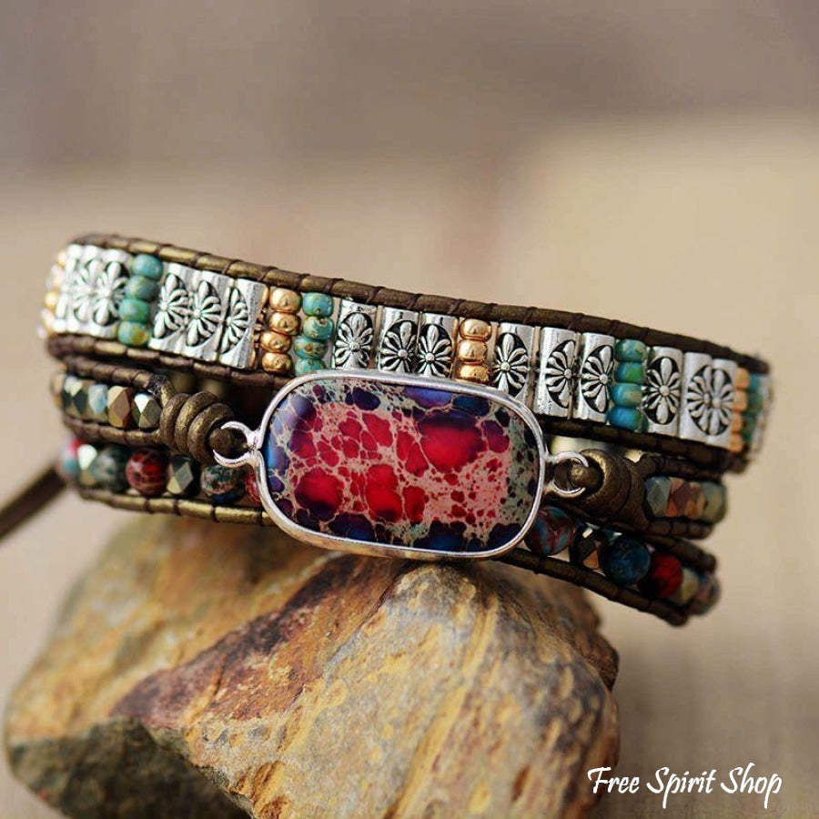 Red Jasper & Tibetan Bead Bronze Wrap Bracelet - Free Spirit Shop