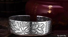 S990 Silver Buddhist Lotus & Heart Sutra Bangle Bracelet - Free Spirit Shop