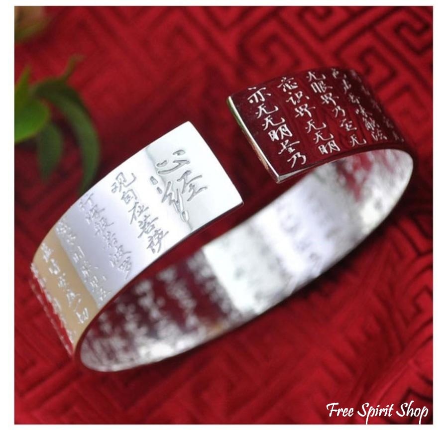 S990 Silver Buddhist Lotus & Heart Sutra Bangle Bracelet - Free Spirit Shop