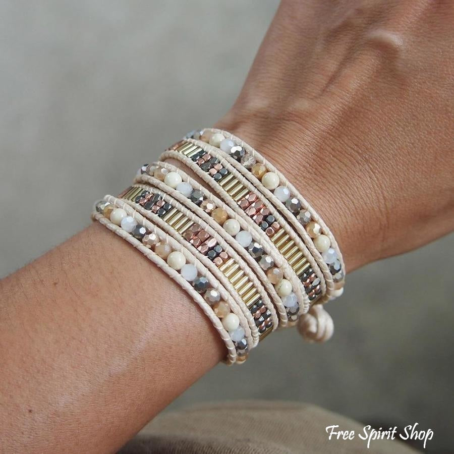 Snowy Agate Beige Beaded Wrap Bracelet - Free Spirit Shop