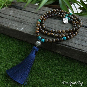 Tibetan 108 Natural Tiger Eye & Blue Tassel Mala Prayer Beads - Free Spirit Shop